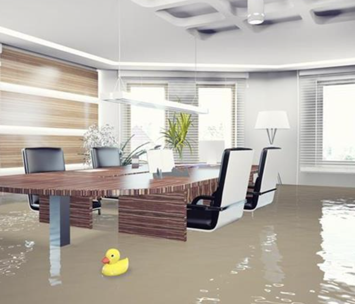 Office building that is flooded with floating furntiure