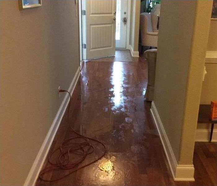 Small hallway of a home, wet wooden floor. Concept of water damage in a home